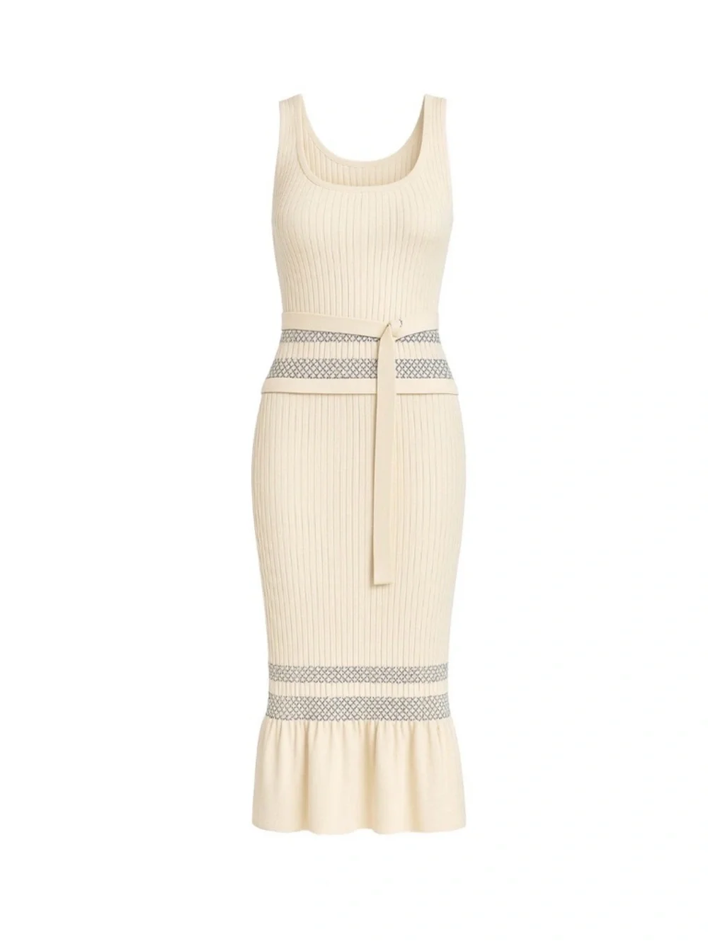 Sleeveless Cream Ribbed Midi Dress with Contrast Bands